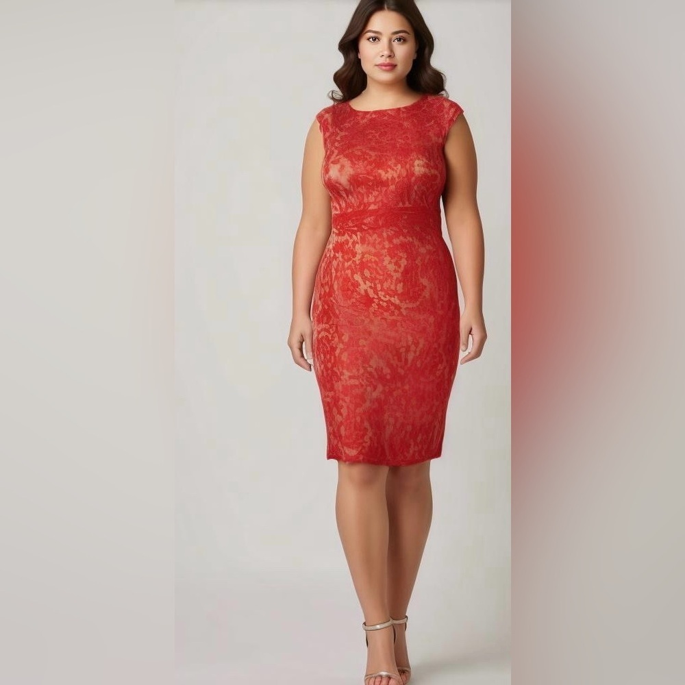 Adrianna Papell Red Lace Sheath Midi Dress